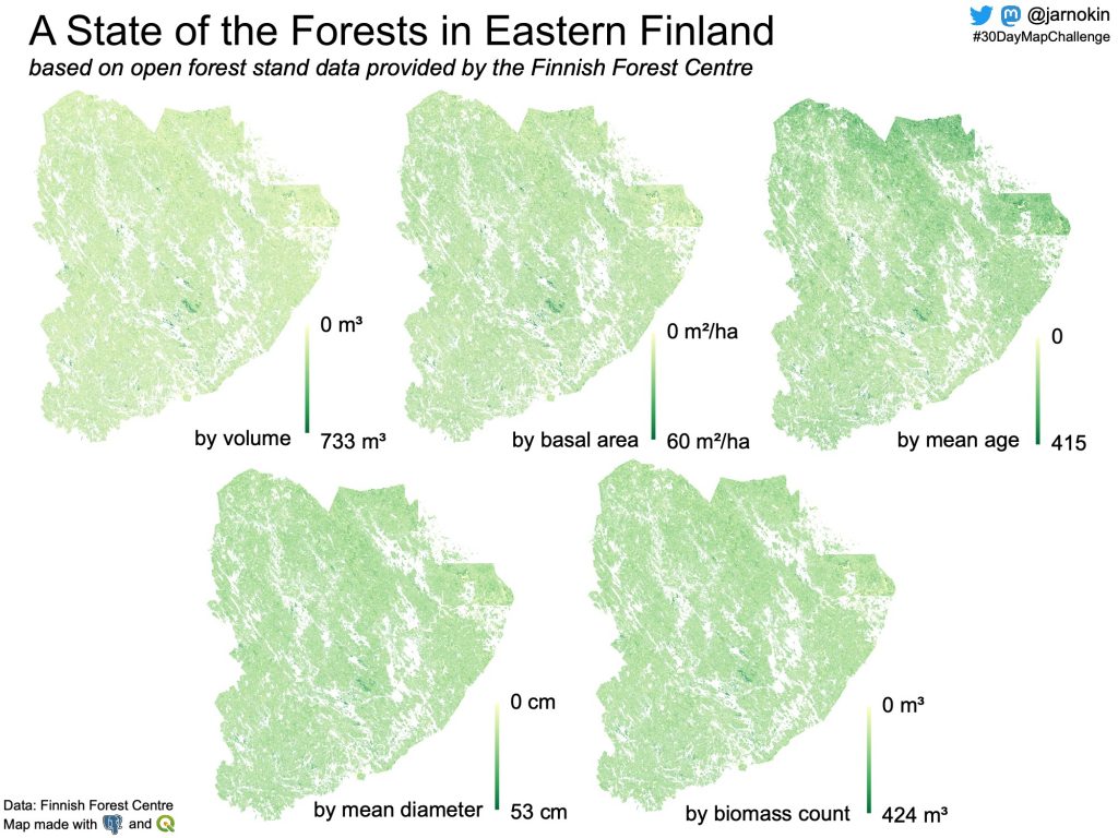 A map about the state of the forests in Eastern Finland.